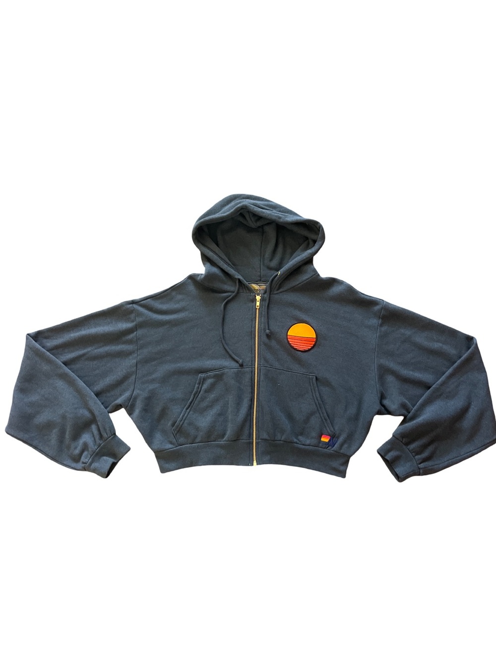 Aviator Nation Charcoal Cropped Zip Hoodie with Orange Sunset Patch